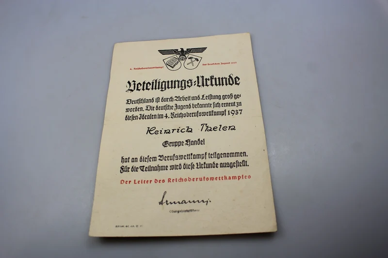 Hitlerjugend Reichsberufswettkampfurkunde 1937
