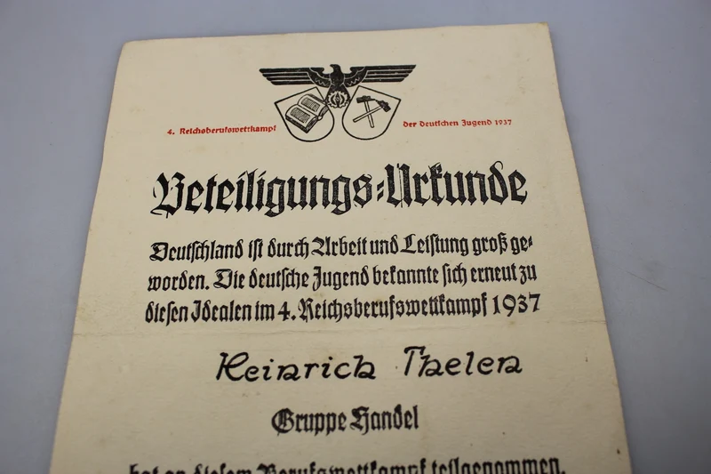 Hitlerjugend Reichsberufswettkampfurkunde 1937