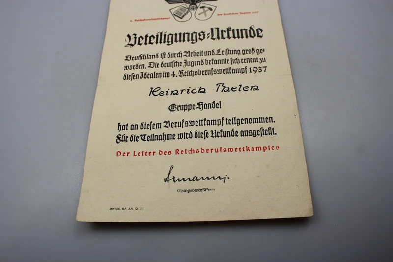 Hitlerjugend Reichsberufswettkampfurkunde 1937