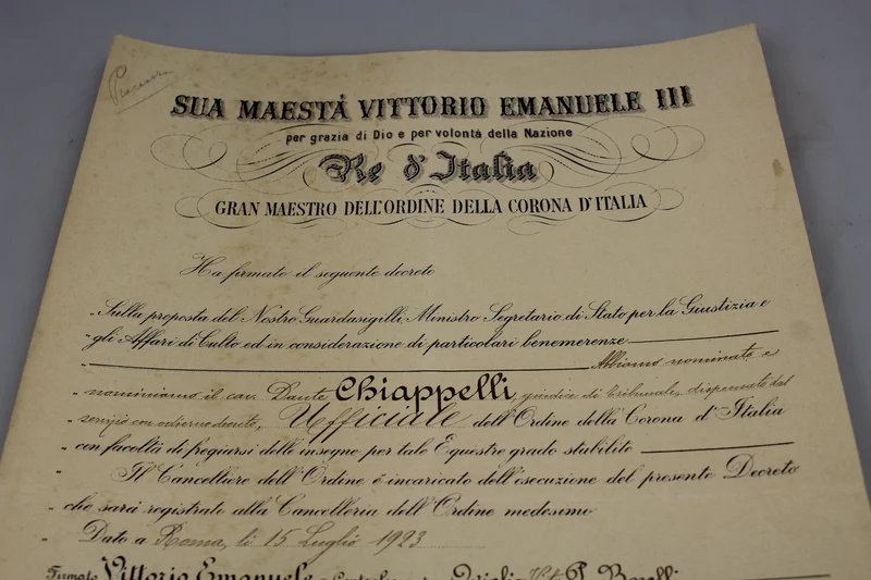 Ernennungsurkunde zum Beamten der italienischen Krone, 20er/30er Jahre