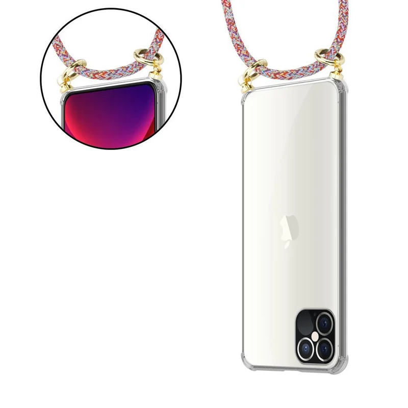 Cadorabo Handy Kette kompatibel mit Apple iPhone 12 / 12 PRO Silikon Schutzhülle mit Gold Ringen, Kordel Band und abnehmbarem Etui