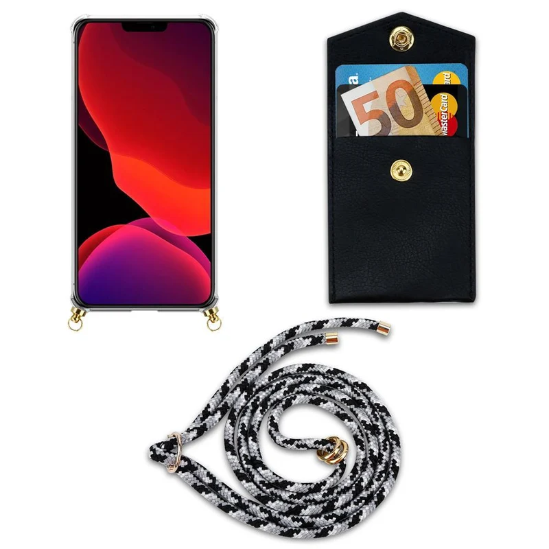 Cadorabo Handy Kette kompatibel mit Apple iPhone 12 / 12 PRO Silikon Schutzhülle mit Gold Ringen, Kordel Band und abnehmbarem Etui