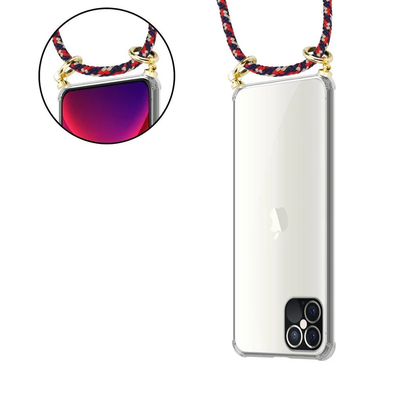 Cadorabo Handy Kette kompatibel mit Apple iPhone 12 / 12 PRO Silikon Schutzhülle mit Gold Ringen, Kordel Band und abnehmbarem Etui