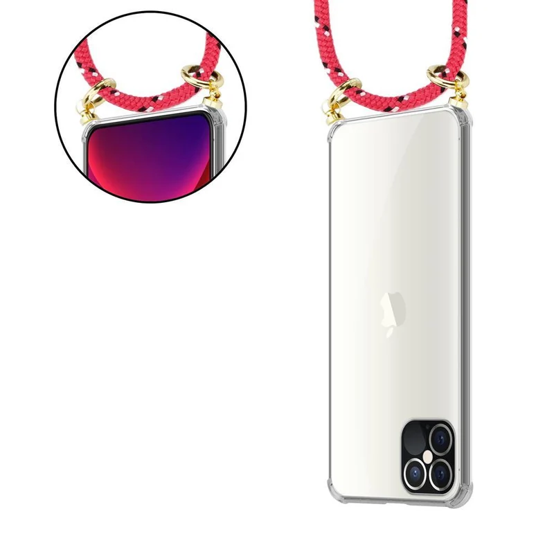 Cadorabo Handy Kette kompatibel mit Apple iPhone 12 / 12 PRO Silikon Schutzhülle mit Gold Ringen, Kordel Band und abnehmbarem Etui