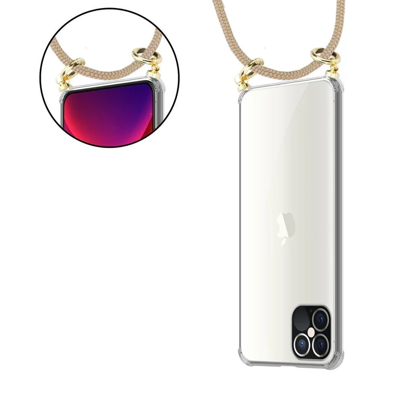 Cadorabo Handy Kette kompatibel mit Apple iPhone 12 / 12 PRO Silikon Schutzhülle mit Gold Ringen, Kordel Band und abnehmbarem Etui