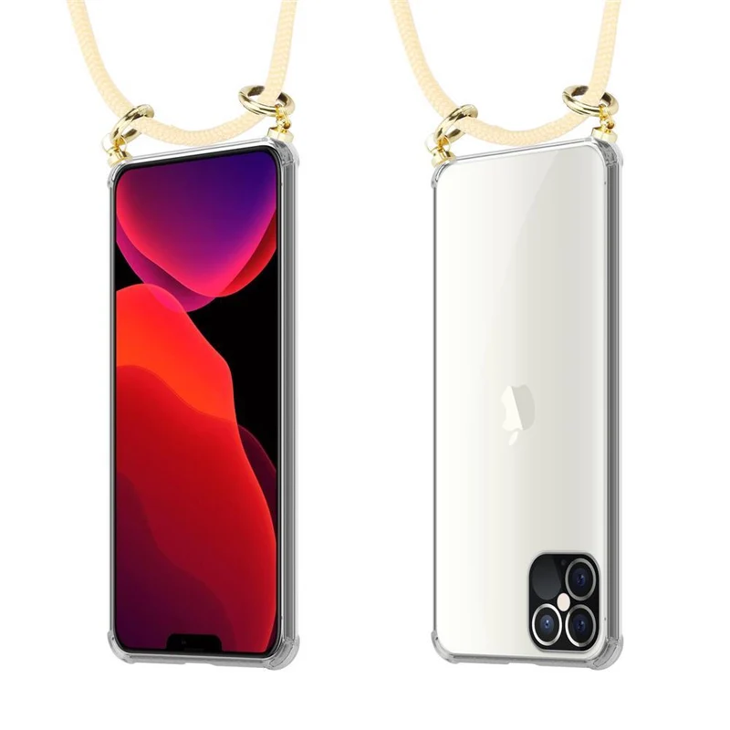 Cadorabo Handy Kette kompatibel mit Apple iPhone 12 / 12 PRO Silikon Schutzhülle mit Gold Ringen, Kordel Band und abnehmbarem Etui