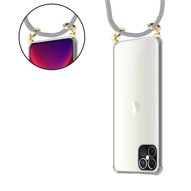 Cadorabo Handy Kette kompatibel mit Apple iPhone 12 / 12 PRO Silikon Schutzhülle mit Gold Ringen, Kordel Band und abnehmbarem Etui