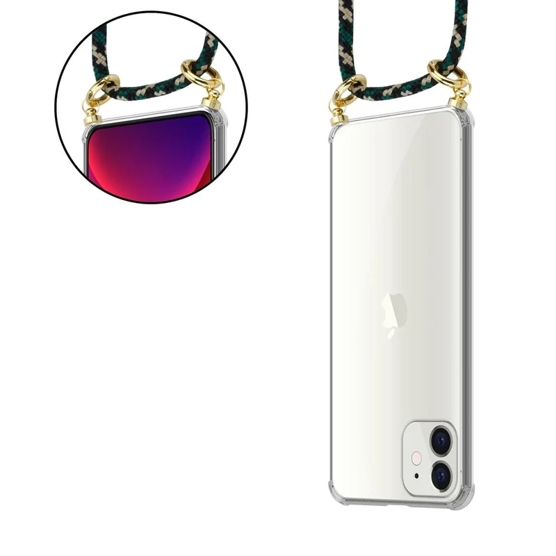 Cadorabo Handy Kette kompatibel mit Apple iPhone 12 MINI Silikon Schutzhülle mit Gold Ringen, Kordel Band und abnehmbarem Etui