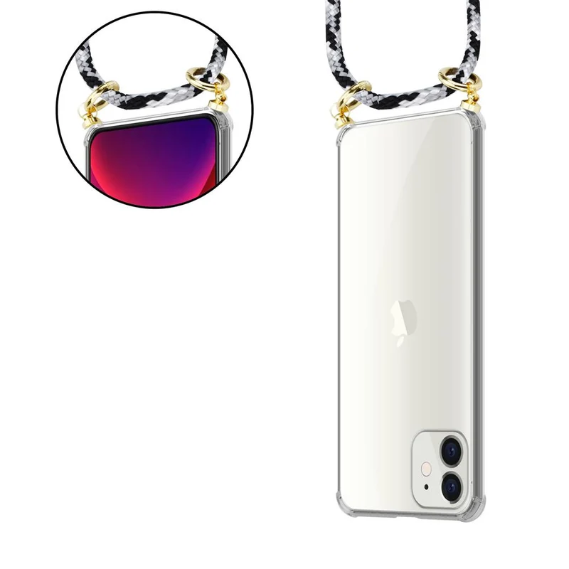Cadorabo Handy Kette kompatibel mit Apple iPhone 12 MINI Silikon Schutzhülle mit Gold Ringen, Kordel Band und abnehmbarem Etui