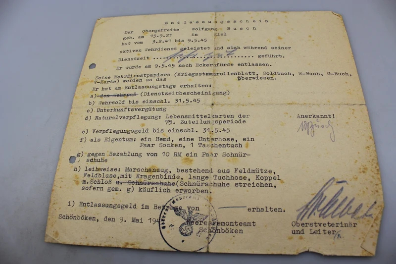 Verwundetenbescheinigung dritter Klasse und andere Dokumente