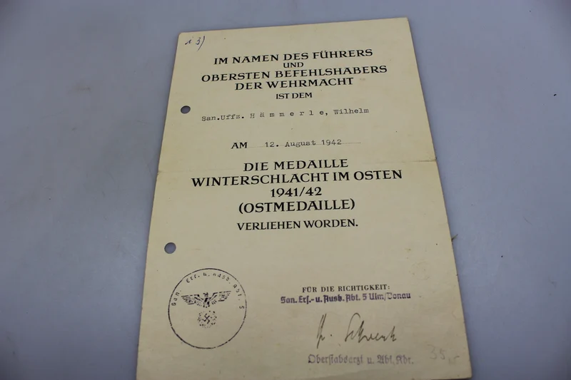 Urkunde zur Ostmedaille 1941/42