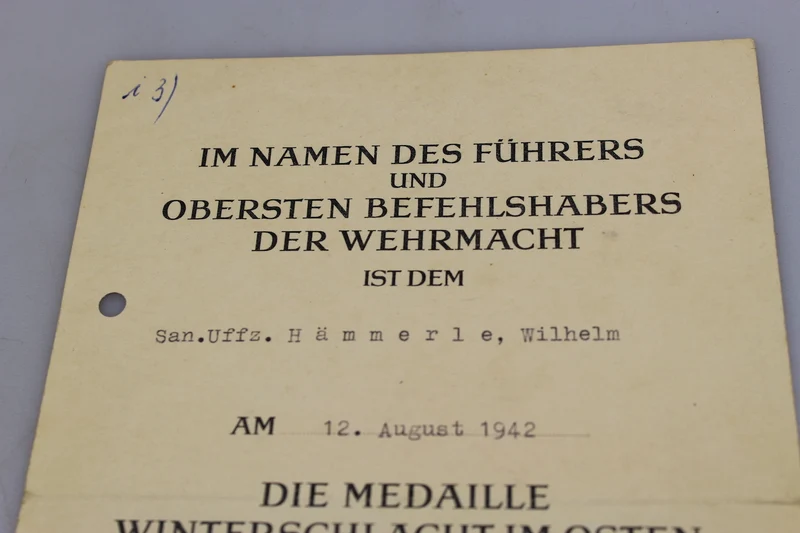 Urkunde zur Ostmedaille 1941/42
