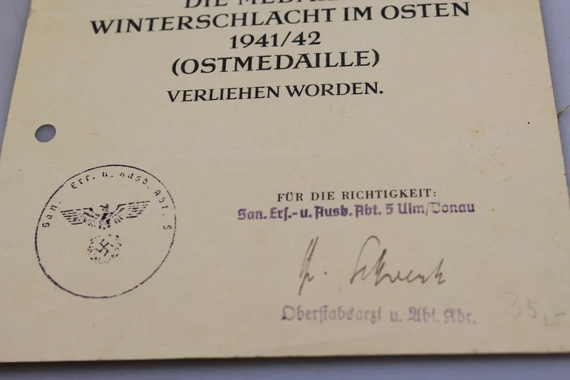 Urkunde zur Ostmedaille 1941/42