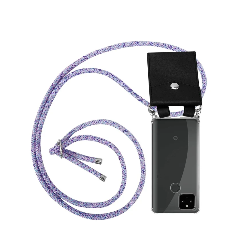 Cadorabo Handy Kette kompatibel mit Google PIXEL 5 XL Silikon Schutzhülle mit Silbernen Ringen, Kordel Band und abnehmbarem Etui