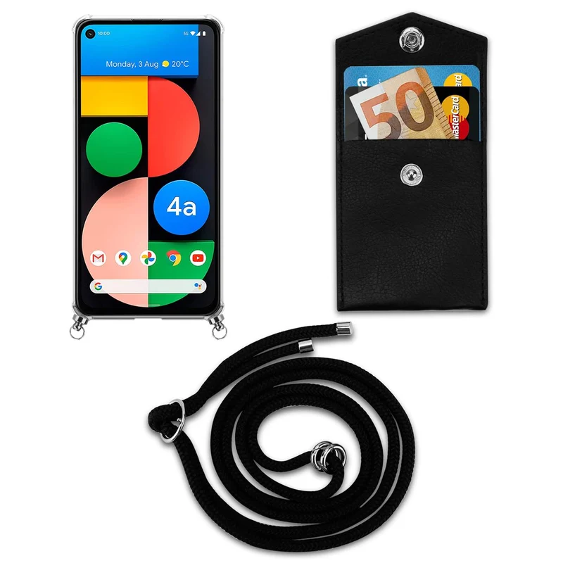 Cadorabo Handy Kette kompatibel mit Google PIXEL 5 XL Silikon Schutzhülle mit Silbernen Ringen, Kordel Band und abnehmbarem Etui