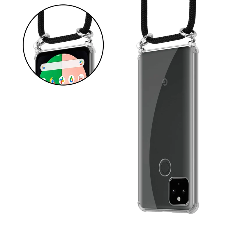 Cadorabo Handy Kette kompatibel mit Google PIXEL 5 XL Silikon Schutzhülle mit Silbernen Ringen, Kordel Band und abnehmbarem Etui