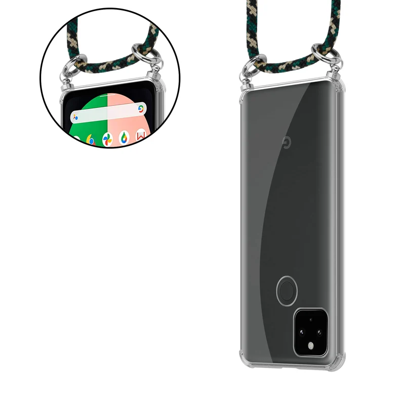 Cadorabo Handy Kette kompatibel mit Google PIXEL 5 XL Silikon Schutzhülle mit Silbernen Ringen, Kordel Band und abnehmbarem Etui