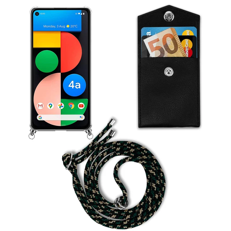 Cadorabo Handy Kette kompatibel mit Google PIXEL 5 XL Silikon Schutzhülle mit Silbernen Ringen, Kordel Band und abnehmbarem Etui