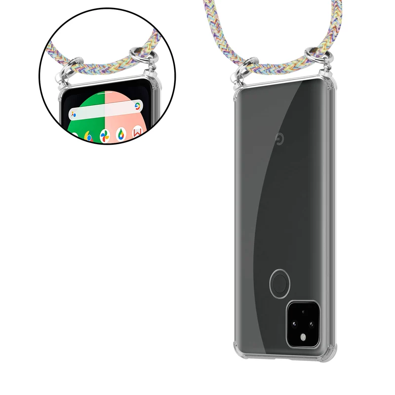 Cadorabo Handy Kette kompatibel mit Google PIXEL 5 XL Silikon Schutzhülle mit Silbernen Ringen, Kordel Band und abnehmbarem Etui