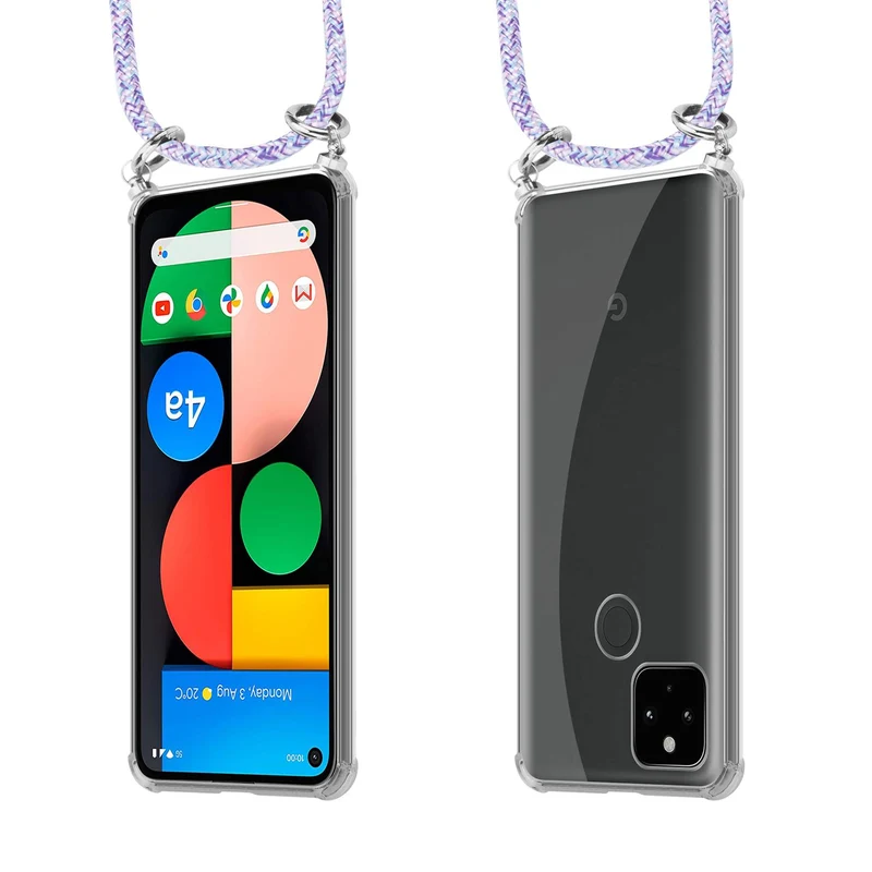 Cadorabo Handy Kette kompatibel mit Google PIXEL 5 XL Silikon Schutzhülle mit Silbernen Ringen, Kordel Band und abnehmbarem Etui