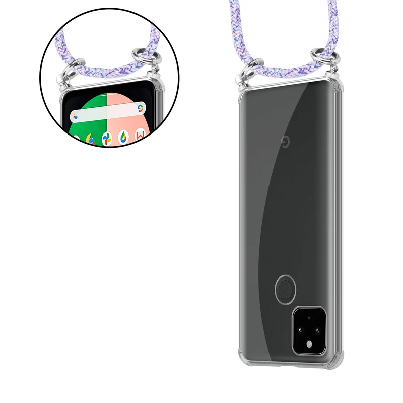 Cadorabo Handy Kette kompatibel mit Google PIXEL 5 XL Silikon Schutzhülle mit Silbernen Ringen, Kordel Band und abnehmbarem Etui