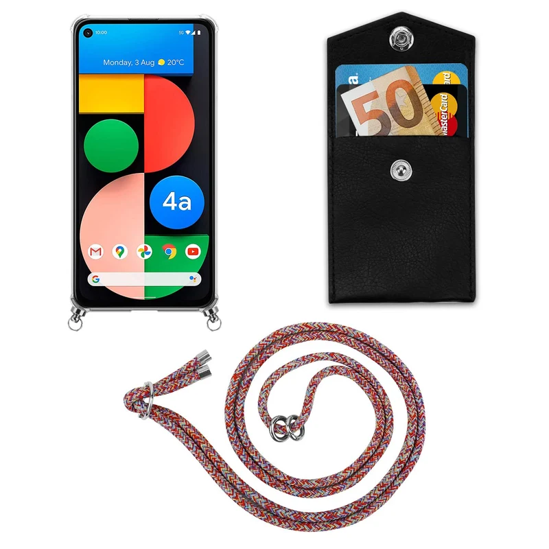Cadorabo Handy Kette kompatibel mit Google PIXEL 5 XL Silikon Schutzhülle mit Silbernen Ringen, Kordel Band und abnehmbarem Etui