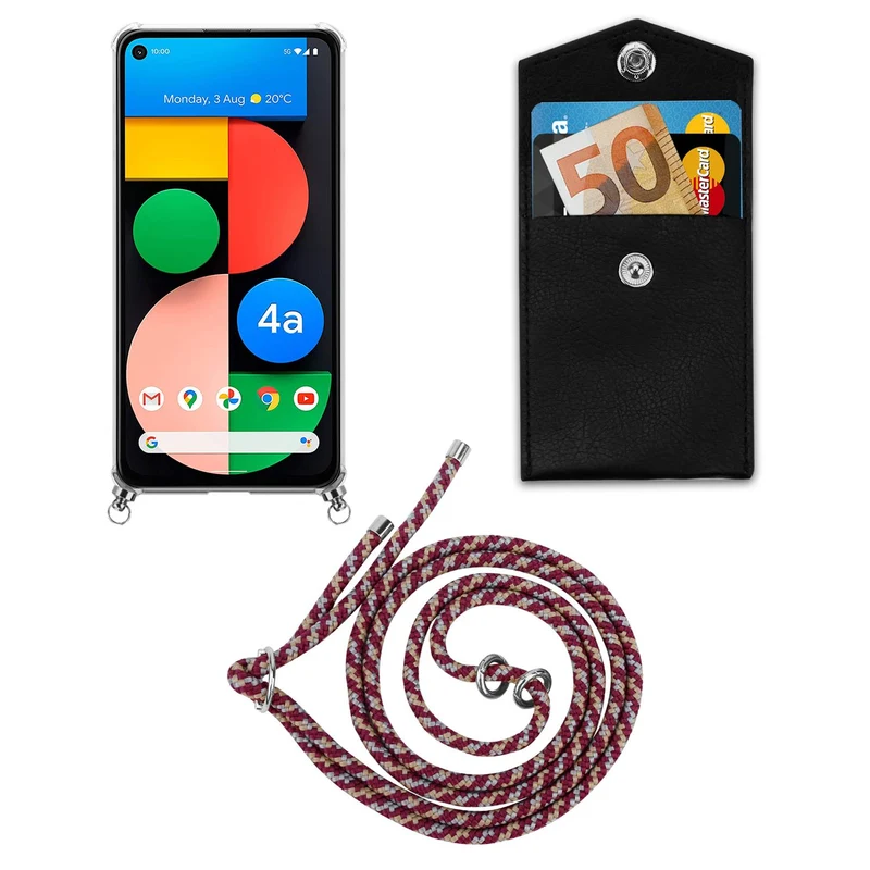 Cadorabo Handy Kette kompatibel mit Google PIXEL 5 XL Silikon Schutzhülle mit Silbernen Ringen, Kordel Band und abnehmbarem Etui