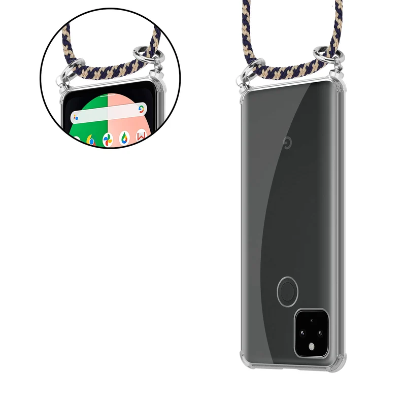 Cadorabo Handy Kette kompatibel mit Google PIXEL 5 XL Silikon Schutzhülle mit Silbernen Ringen, Kordel Band und abnehmbarem Etui