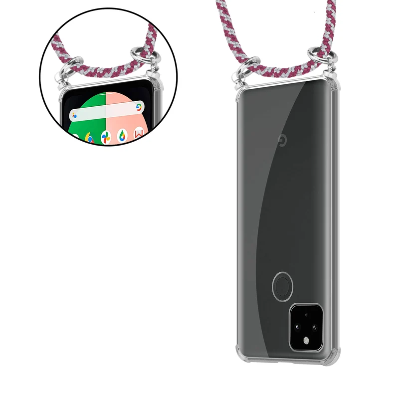 Cadorabo Handy Kette kompatibel mit Google PIXEL 5 XL Silikon Schutzhülle mit Silbernen Ringen, Kordel Band und abnehmbarem Etui