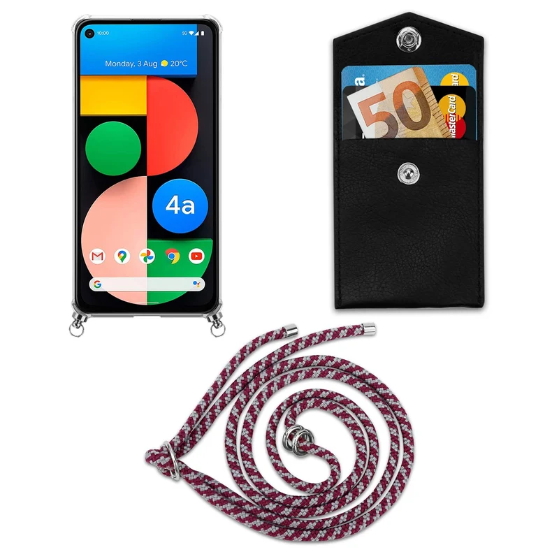 Cadorabo Handy Kette kompatibel mit Google PIXEL 5 XL Silikon Schutzhülle mit Silbernen Ringen, Kordel Band und abnehmbarem Etui
