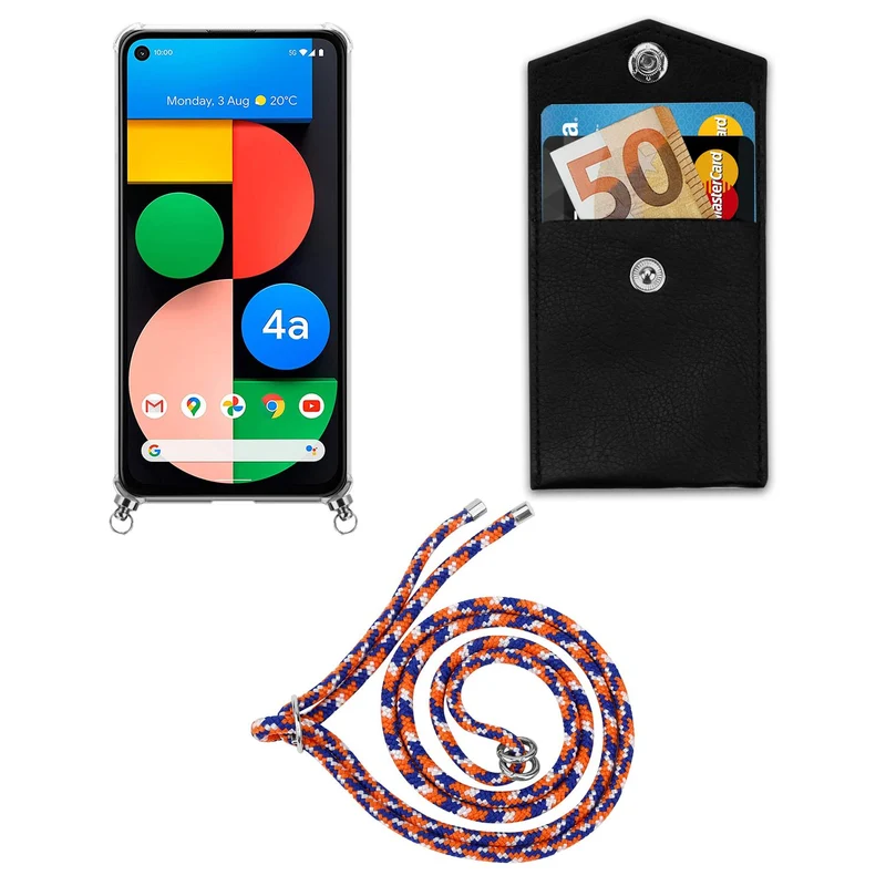 Cadorabo Handy Kette kompatibel mit Google PIXEL 5 XL Silikon Schutzhülle mit Silbernen Ringen, Kordel Band und abnehmbarem Etui