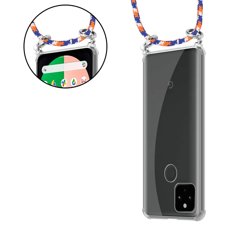 Cadorabo Handy Kette kompatibel mit Google PIXEL 5 XL Silikon Schutzhülle mit Silbernen Ringen, Kordel Band und abnehmbarem Etui