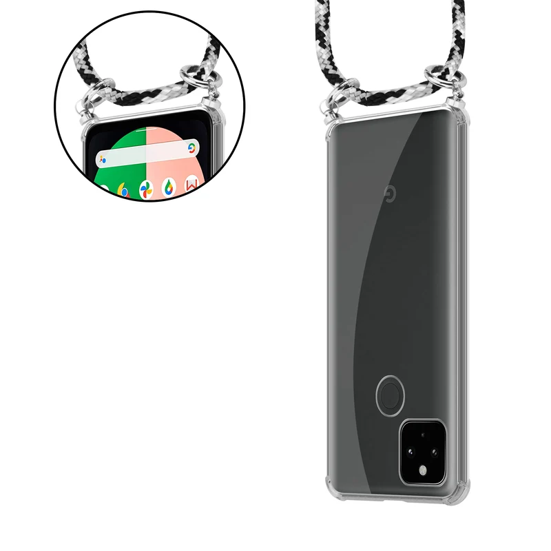 Cadorabo Handy Kette kompatibel mit Google PIXEL 5 XL Silikon Schutzhülle mit Silbernen Ringen, Kordel Band und abnehmbarem Etui