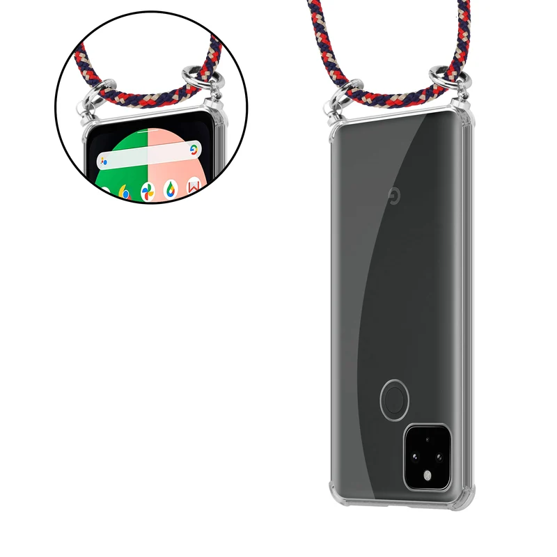 Cadorabo Handy Kette kompatibel mit Google PIXEL 5 XL Silikon Schutzhülle mit Silbernen Ringen, Kordel Band und abnehmbarem Etui
