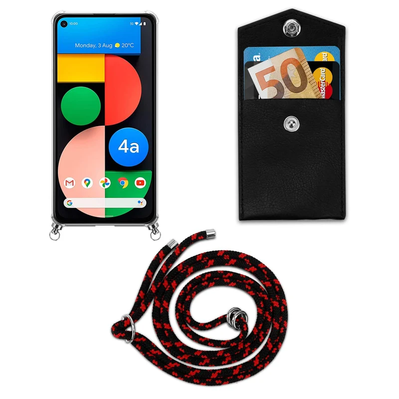 Cadorabo Handy Kette kompatibel mit Google PIXEL 5 XL Silikon Schutzhülle mit Silbernen Ringen, Kordel Band und abnehmbarem Etui