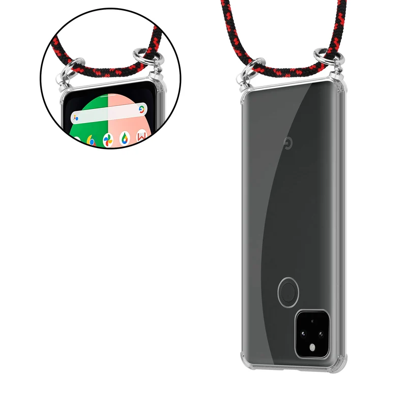 Cadorabo Handy Kette kompatibel mit Google PIXEL 5 XL Silikon Schutzhülle mit Silbernen Ringen, Kordel Band und abnehmbarem Etui