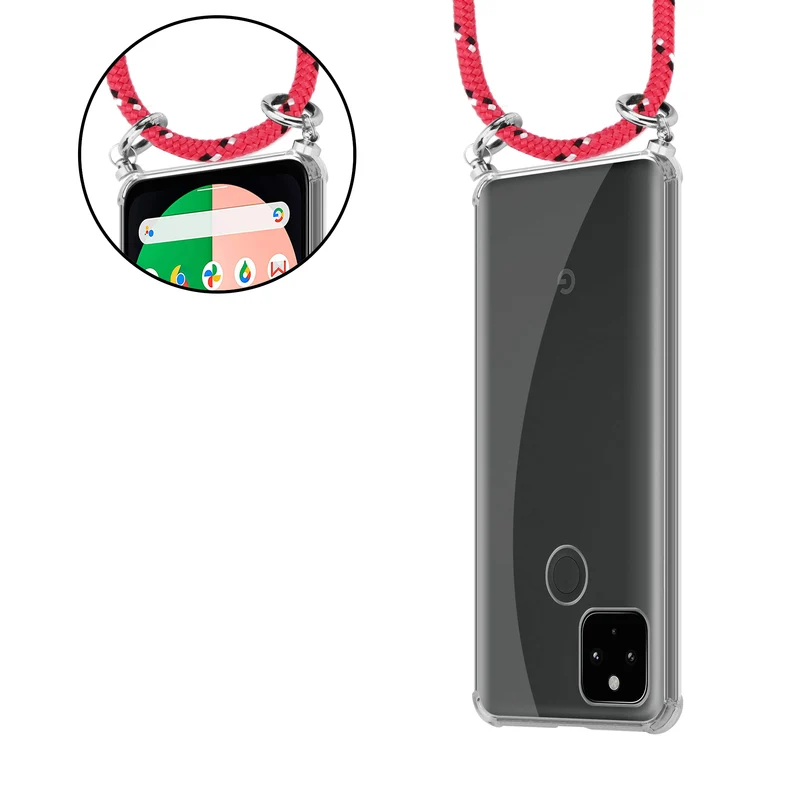 Cadorabo Handy Kette kompatibel mit Google PIXEL 5 XL Silikon Schutzhülle mit Silbernen Ringen, Kordel Band und abnehmbarem Etui