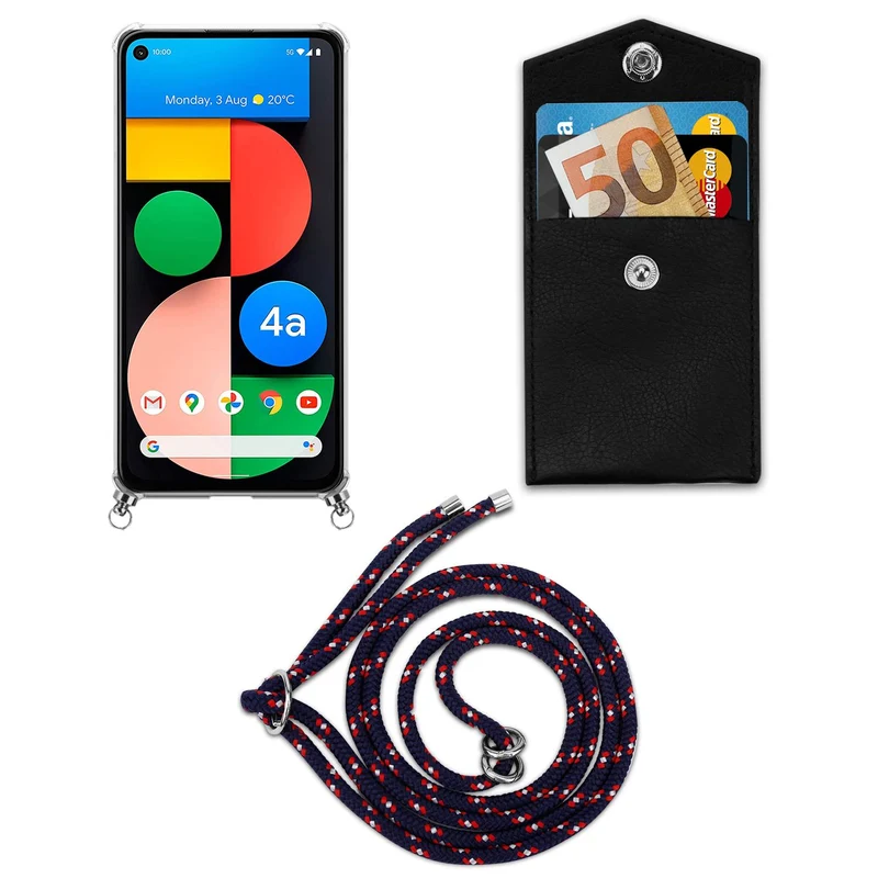 Cadorabo Handy Kette kompatibel mit Google PIXEL 5 XL Silikon Schutzhülle mit Silbernen Ringen, Kordel Band und abnehmbarem Etui