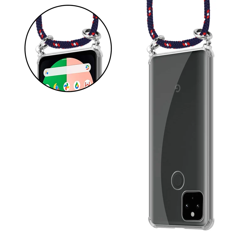 Cadorabo Handy Kette kompatibel mit Google PIXEL 5 XL Silikon Schutzhülle mit Silbernen Ringen, Kordel Band und abnehmbarem Etui