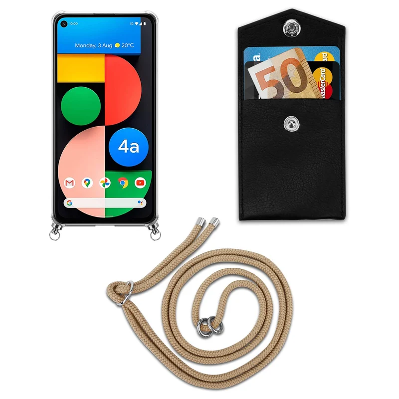 Cadorabo Handy Kette kompatibel mit Google PIXEL 5 XL Silikon Schutzhülle mit Silbernen Ringen, Kordel Band und abnehmbarem Etui