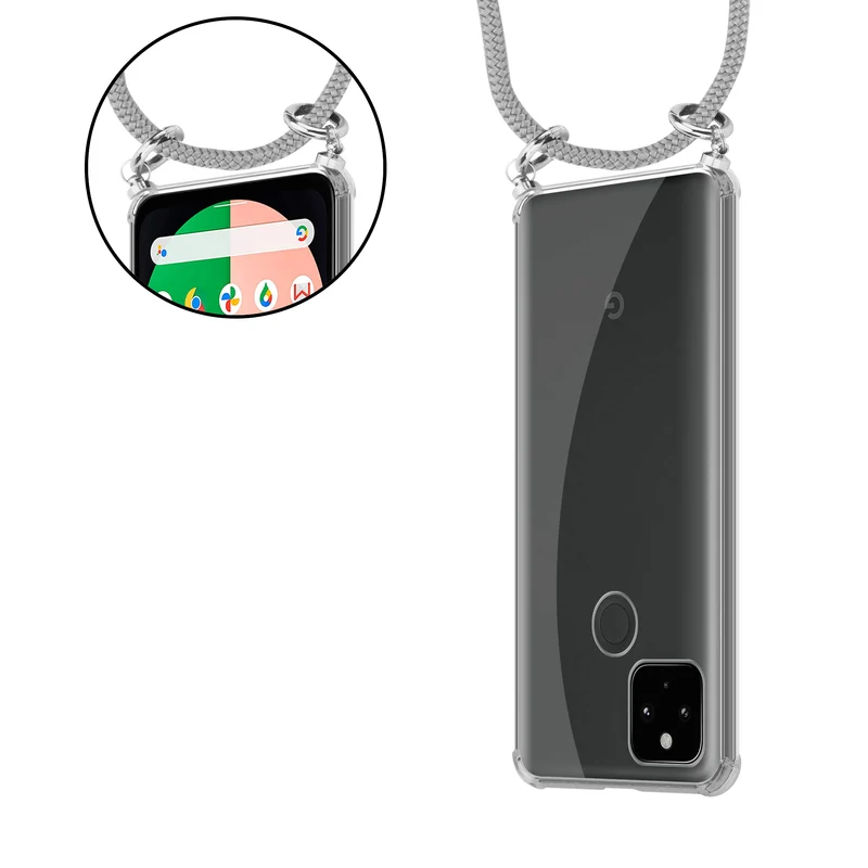 Cadorabo Handy Kette kompatibel mit Google PIXEL 5 XL Silikon Schutzhülle mit Silbernen Ringen, Kordel Band und abnehmbarem Etui