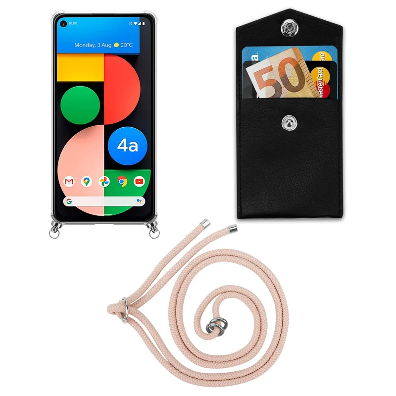 Cadorabo Handy Kette kompatibel mit Google PIXEL 5 XL Silikon Schutzhülle mit Silbernen Ringen, Kordel Band und abnehmbarem Etui