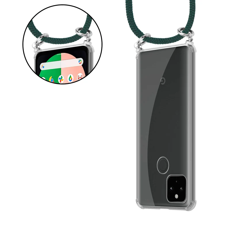 Cadorabo Handy Kette kompatibel mit Google PIXEL 5 XL Silikon Schutzhülle mit Silbernen Ringen, Kordel Band und abnehmbarem Etui