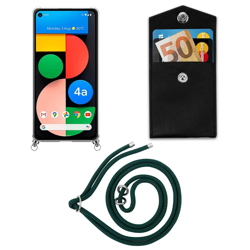 Cadorabo Handy Kette kompatibel mit Google PIXEL 5 XL Silikon Schutzhülle mit Silbernen Ringen, Kordel Band und abnehmbarem Etui