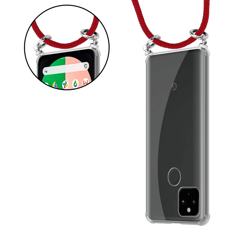 Cadorabo Handy Kette kompatibel mit Google PIXEL 5 XL Silikon Schutzhülle mit Silbernen Ringen, Kordel Band und abnehmbarem Etui
