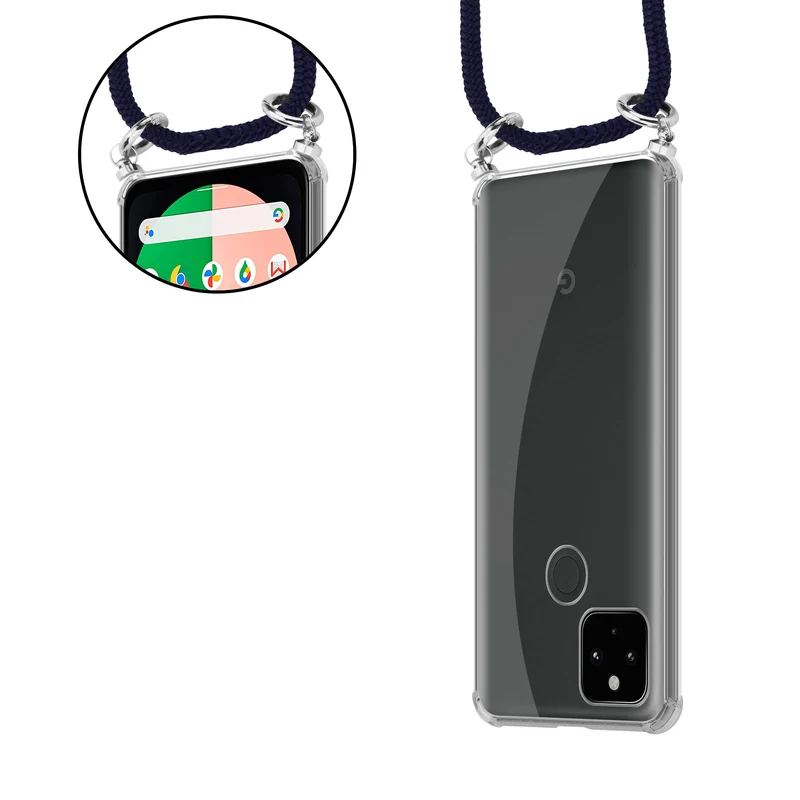 Cadorabo Handy Kette kompatibel mit Google PIXEL 5 XL Silikon Schutzhülle mit Silbernen Ringen, Kordel Band und abnehmbarem Etui