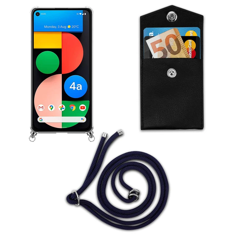 Cadorabo Handy Kette kompatibel mit Google PIXEL 5 XL Silikon Schutzhülle mit Silbernen Ringen, Kordel Band und abnehmbarem Etui