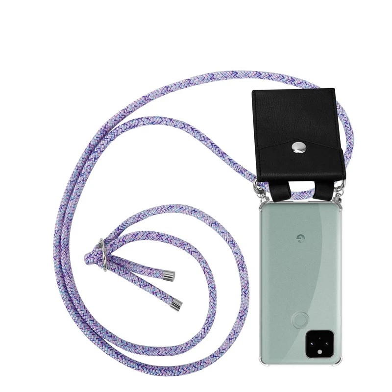 Cadorabo Handy Kette kompatibel mit Google PIXEL 5 Silikon Schutzhülle mit Silbernen Ringen, Kordel Band und abnehmbarem Etui