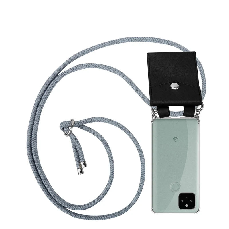 Cadorabo Handy Kette kompatibel mit Google PIXEL 5 Silikon Schutzhülle mit Silbernen Ringen, Kordel Band und abnehmbarem Etui