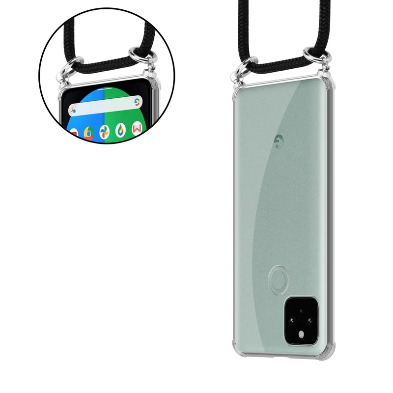 Cadorabo Handy Kette kompatibel mit Google PIXEL 5 Silikon Schutzhülle mit Silbernen Ringen, Kordel Band und abnehmbarem Etui